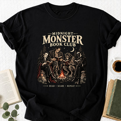 Midnight Monster Book Club Printed T-Shirt | Halloween Book Lover Gift Black