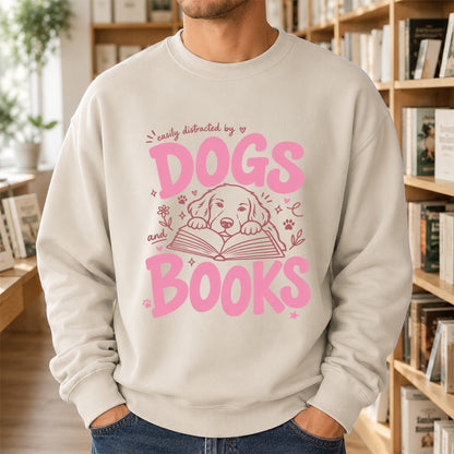 Easily Distracted By Dog And Books Crewneck Sweatshirt | Dog Lover & Reader Gift Sand
