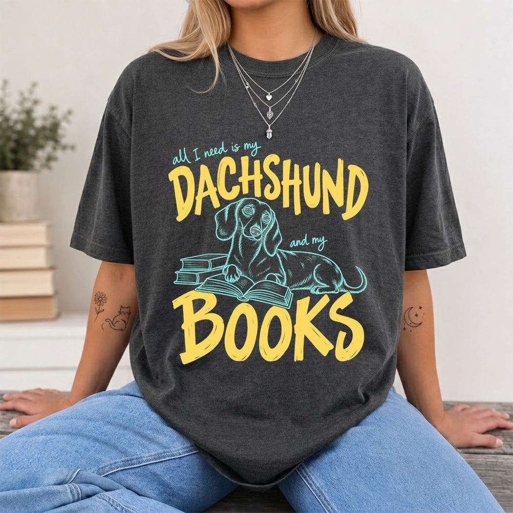 All I Need Is My Dachshund And My Books Softstyle T-Shirt | Book Lover Gift Dark Heather