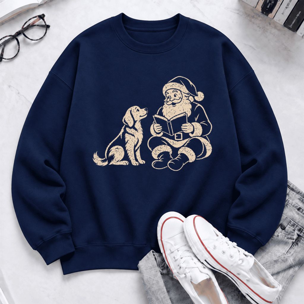 Funny Dog With Reading Santa Softstyle Sweatshirt | Christmas Book Lover Gift Navy
