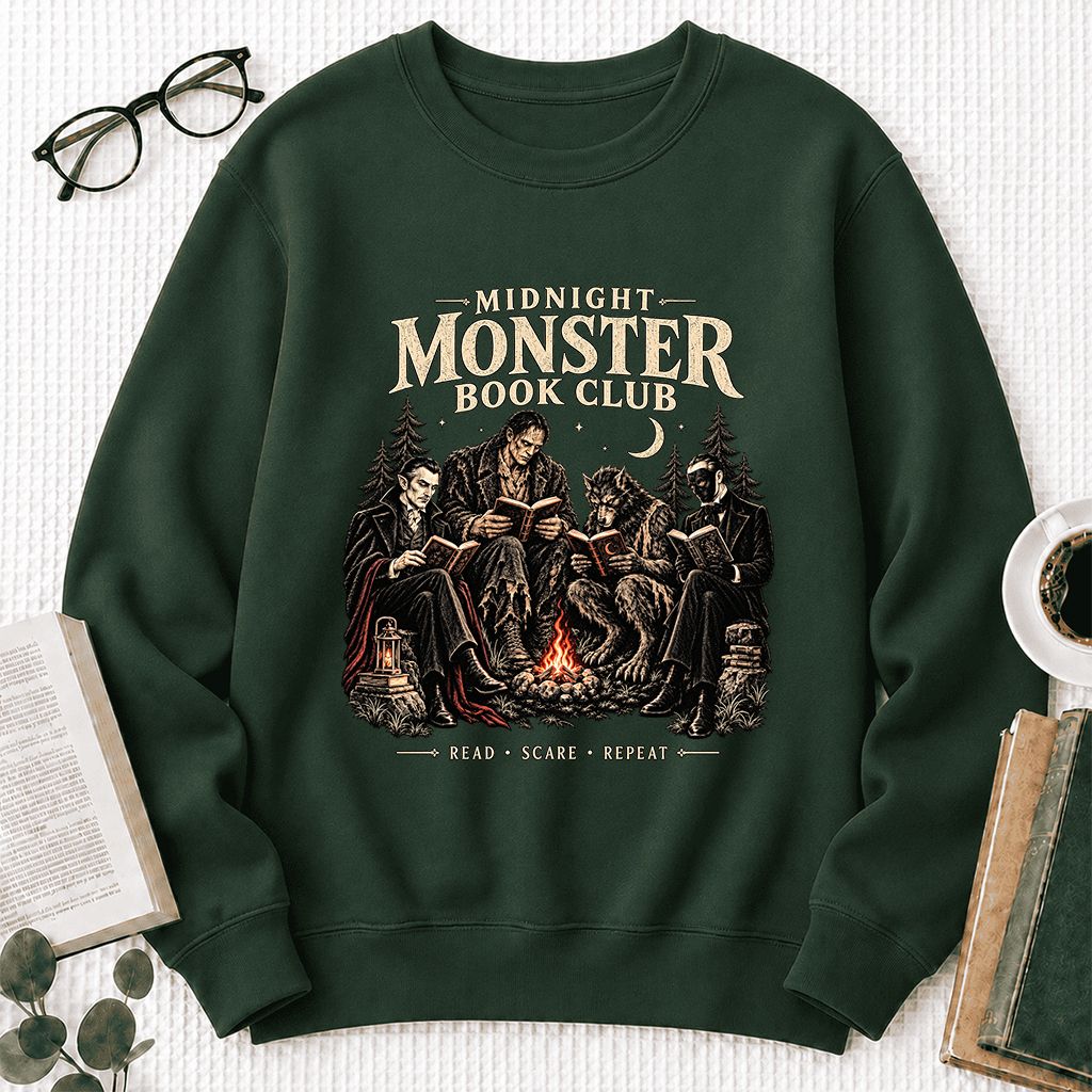Midnight Monster Book Club Printed Sweatshirt | Halloween Book Lover Gift Forest Green