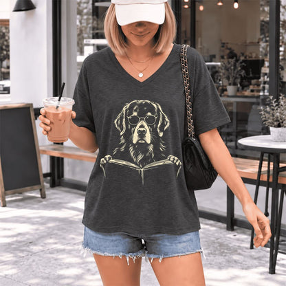 Golden Retriever Reading Book Ultra-Soft V-Neck | Dog Mom Reader Gift Dark Grey Heather