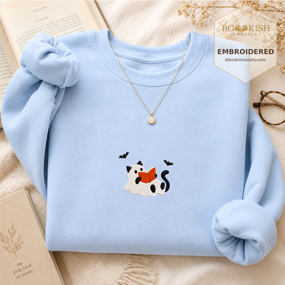 Reading Ghost Cat Embroidered Sweatshirt | Spooky Halloween Reader Gift Light Blue