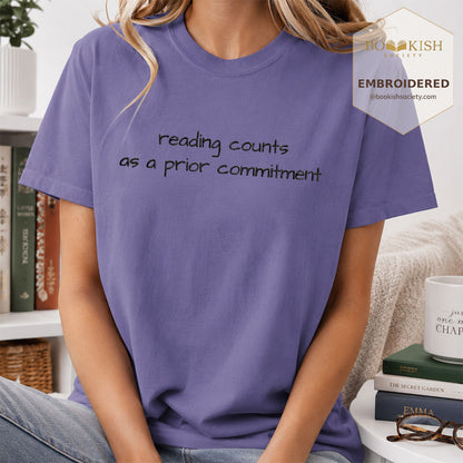 Embroidered Reading Counts As A Prior Commitment Comfort Color® T-shirt Book Lover Gift Grape