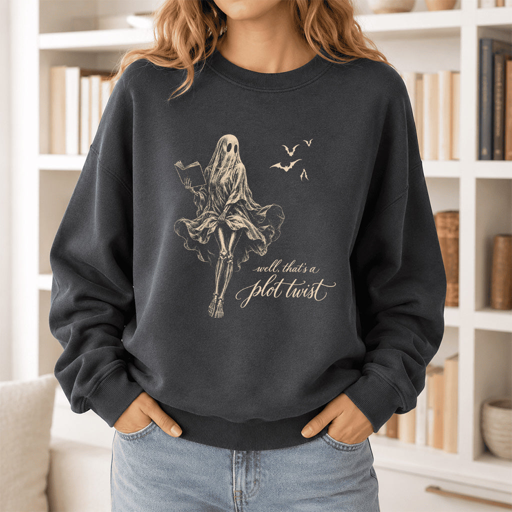 Funny Dress-Wearing Bookworm Ghost Printed Sweatshirt | Halloween Reader Gift Dark Heather