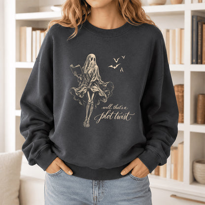 Funny Dress-Wearing Bookworm Ghost Printed Sweatshirt | Halloween Reader Gift Dark Heather