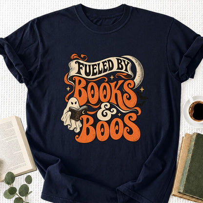 Fueled By Books & Boos Printed T-Shirt | Halloween Book Lover Gift Navy