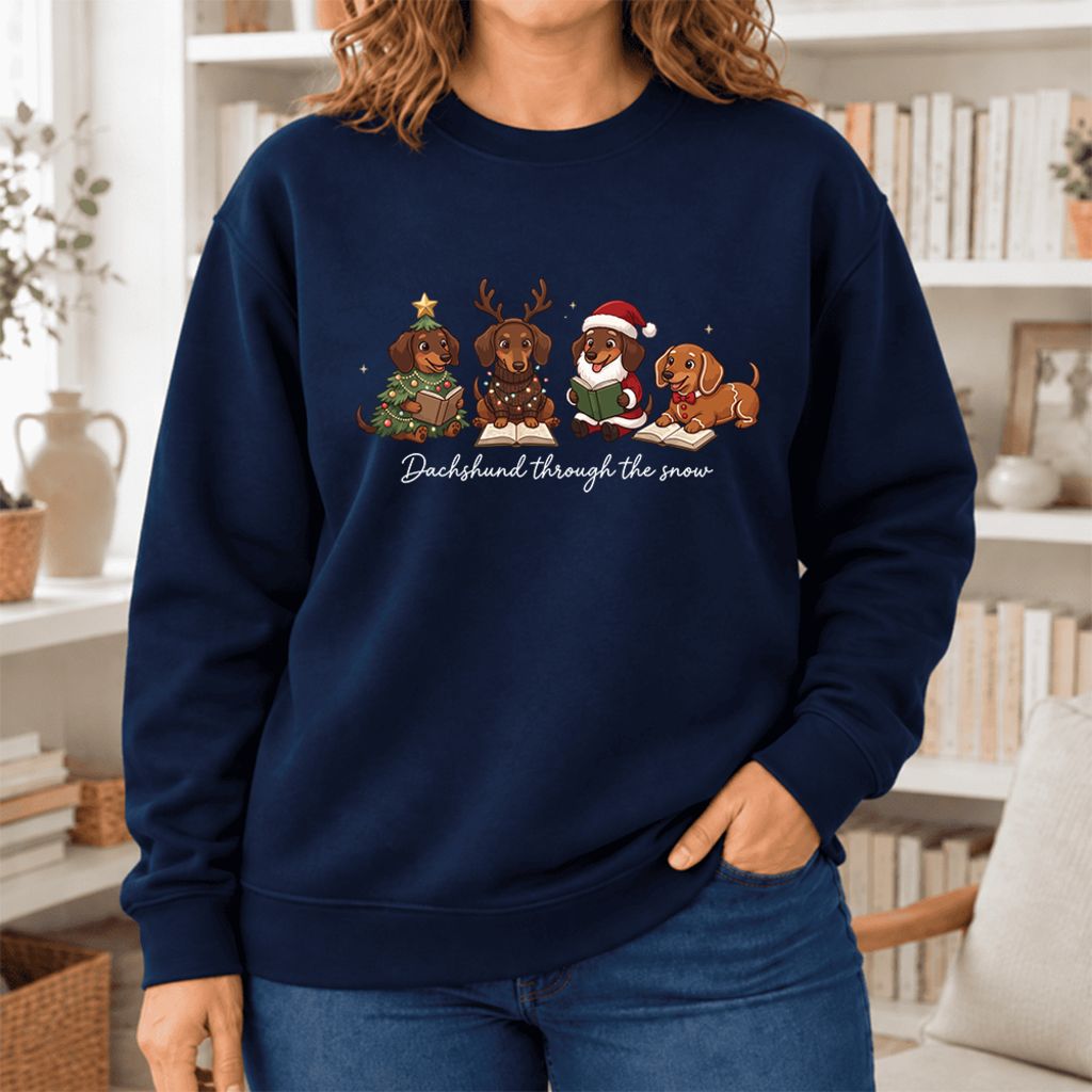 Dachshund Through The Snow Softstyle Sweatshirt | Christmas Book Lover Gift Navy