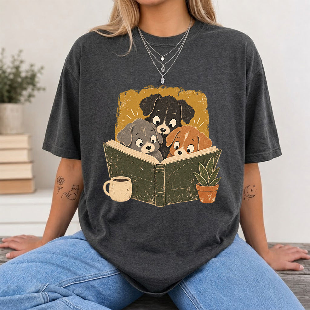 Minimal Japanese Dogs Reading Softstyle T-Shirt | Book Lover Gift Dark Heather