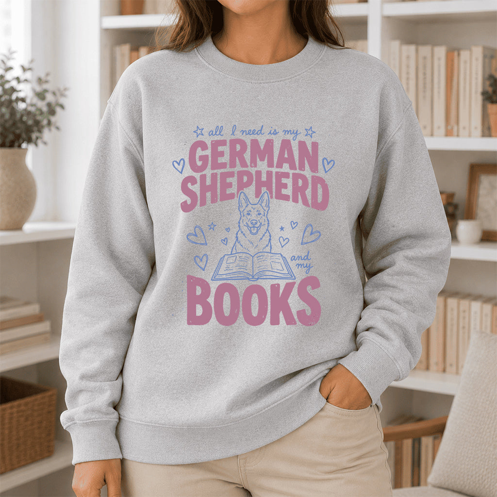 All I Need Is My German Shepherd And My Books Crewneck Sweatshirt | Dog Lover & Reader Gift Sport Grey