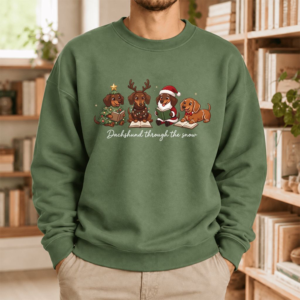 Dachshund Through The Snow Softstyle Sweatshirt | Christmas Book Lover Gift Military Green