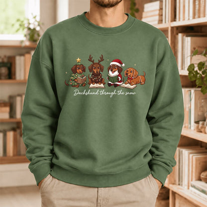 Dachshund Through The Snow Softstyle Sweatshirt | Christmas Book Lover Gift Military Green