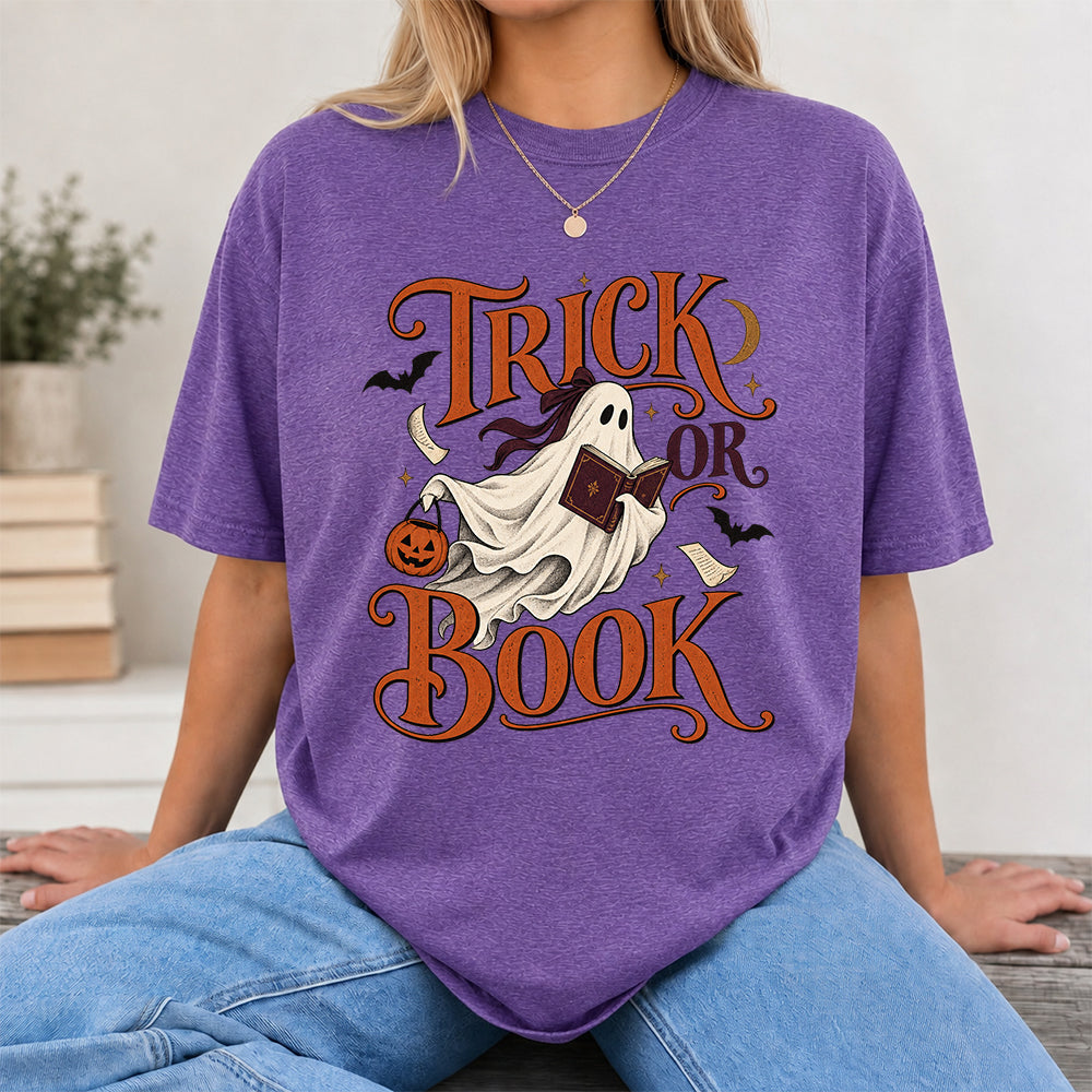 Trick Or Book Ghost Printed T-Shirt | Halloween Book Lover Gift Heather Purple