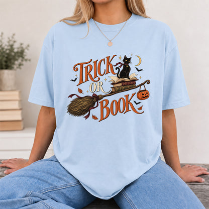 Trick Or Book Black Cat Printed T-Shirt | Halloween Book Lover Gift Light Blue