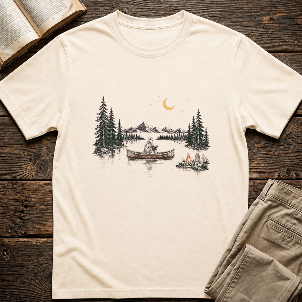 Reading Ghost On The Boat Printed T-Shirt | Spooky Book Lover Gift Natural