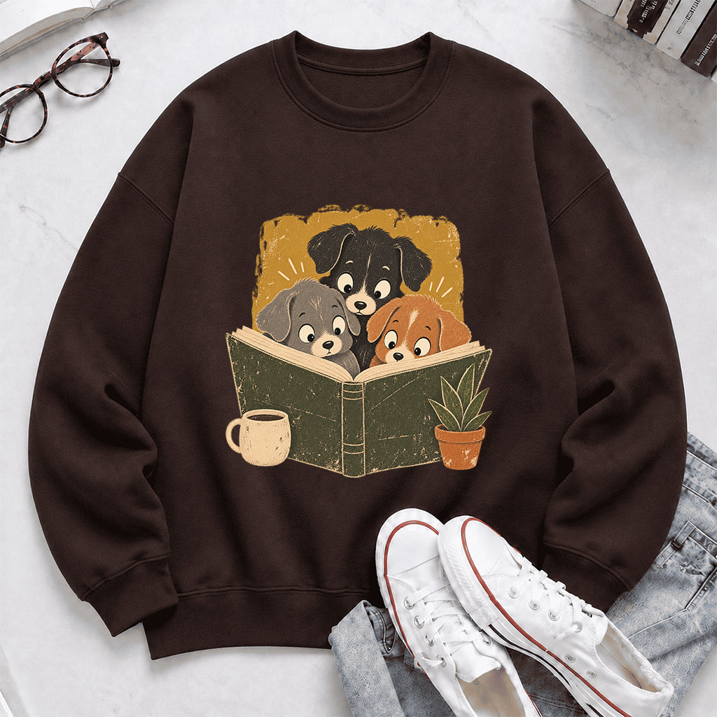 Minimal Japanese Dogs Reading Crewneck Sweatshirt | Reader Gift Dark Chocolate