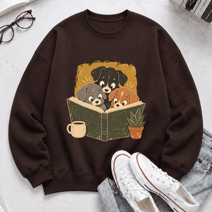 Minimal Japanese Dogs Reading Crewneck Sweatshirt | Reader Gift Dark Chocolate