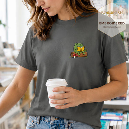 Embroidered Frog on Log Reading Book Comfort Color® T-shirt Book Lover Gift Pepper