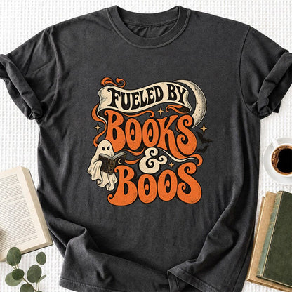 Fueled By Books & Boos Printed T-Shirt | Halloween Book Lover Gift Dark Heather