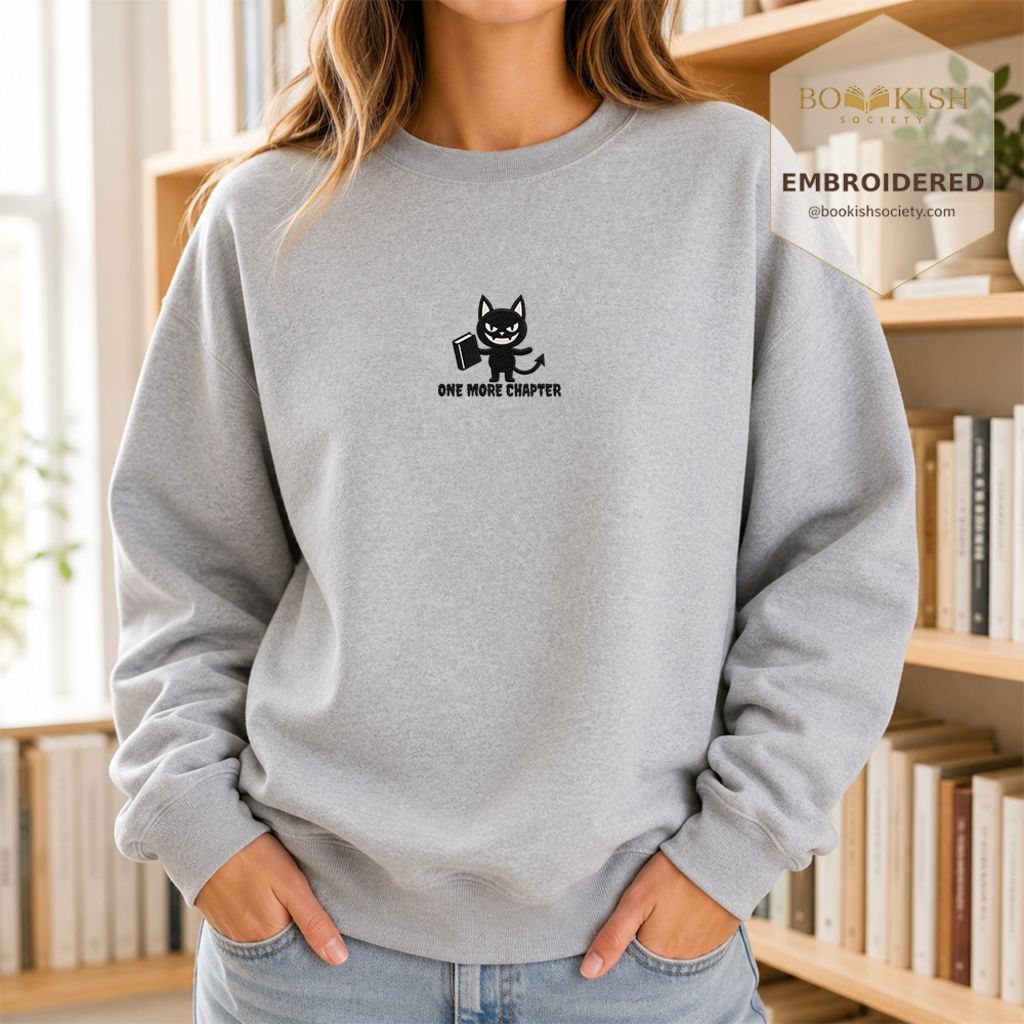 One More Chapter Devil Cat Embroidered Sweatshirt | Halloween Book Lover Gift Sport Grey
