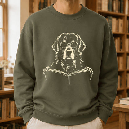 Golden Retriever Reading Book Crewneck Sweatshirt | Reader Gift Military Green