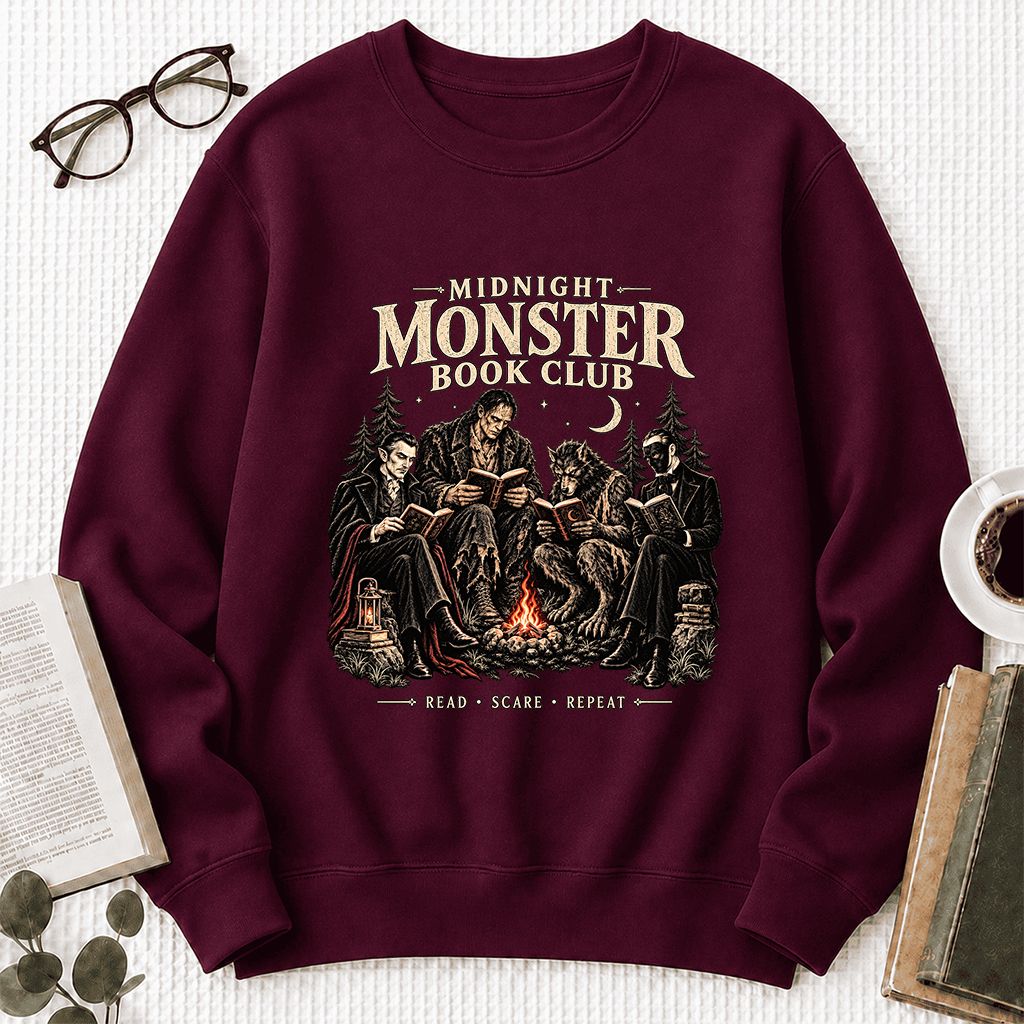 Midnight Monster Book Club Printed Sweatshirt | Halloween Book Lover Gift Maroon