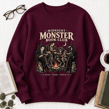 Midnight Monster Book Club Printed Sweatshirt | Halloween Book Lover Gift Maroon