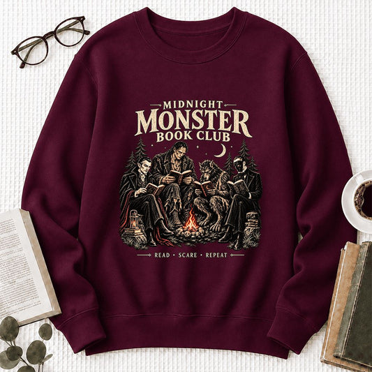 Midnight Monster Book Club Crewneck Sweatshirt | Halloween Book Lover Gift Maroon