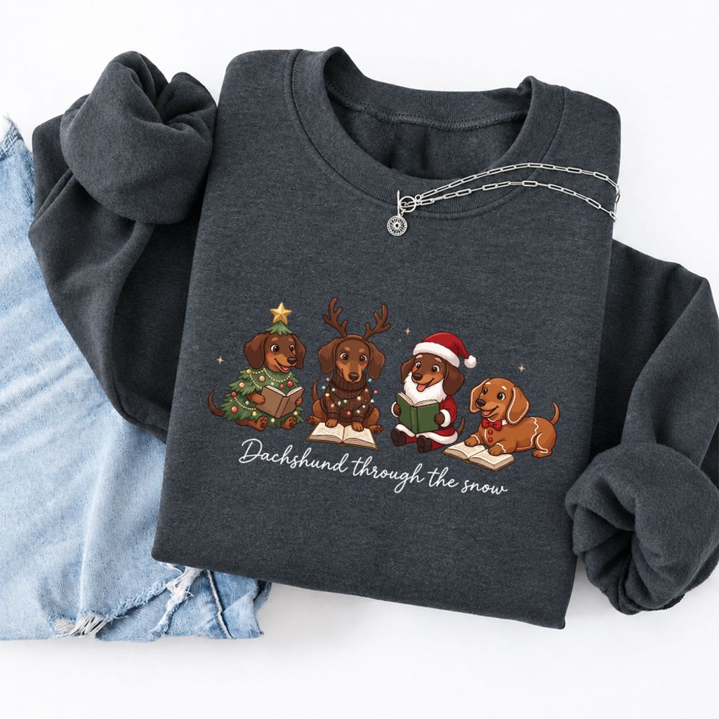 Dachshund Through The Snow Softstyle Sweatshirt | Christmas Book Lover Gift Dark Heather