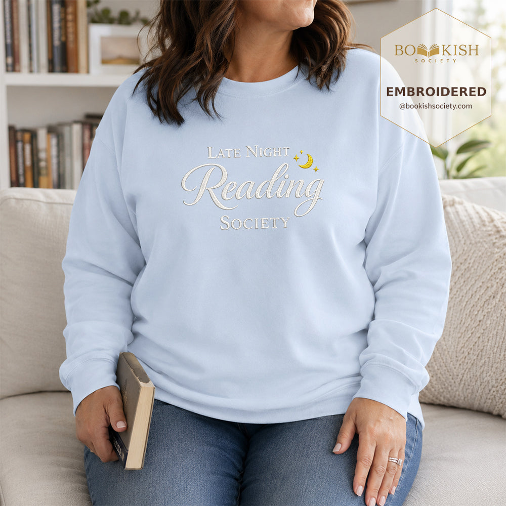 Late Night Reading Society Embroidered Sweatshirt | Reader Gift Light Blue