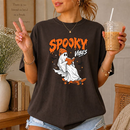 Spooky Vibes Printed T-Shirt | Halloween Book Lover Gift Dark Chocolate