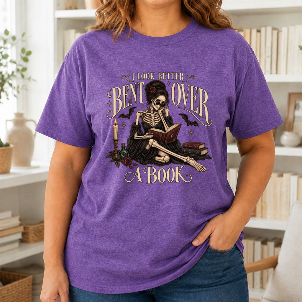 I Look Better Bent Over A Book Printed T-Shirt | Halloween Smut Book Lover Gift Heather Purple