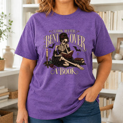 I Look Better Bent Over A Book Printed T-Shirt | Halloween Smut Book Lover Gift Heather Purple