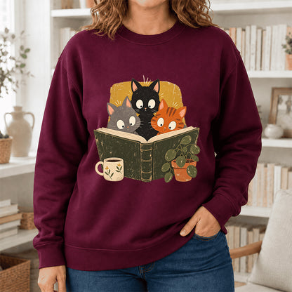 Minimal Japanese Cats Reading Crewneck Sweatshirt | Reader Gift Maroon