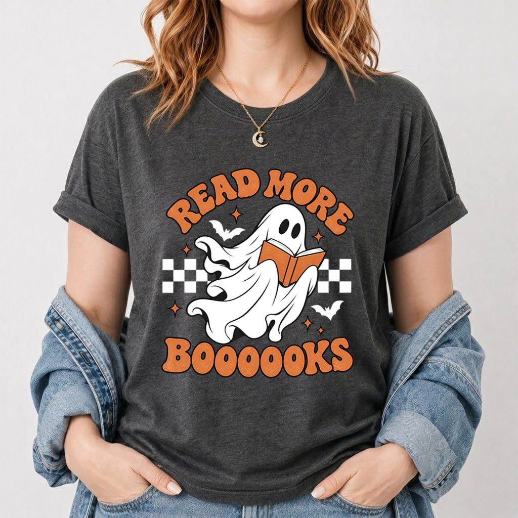Read More Books Flying Ghost Printed T-Shirt | Halloween Book Lover Gift Dark Heather