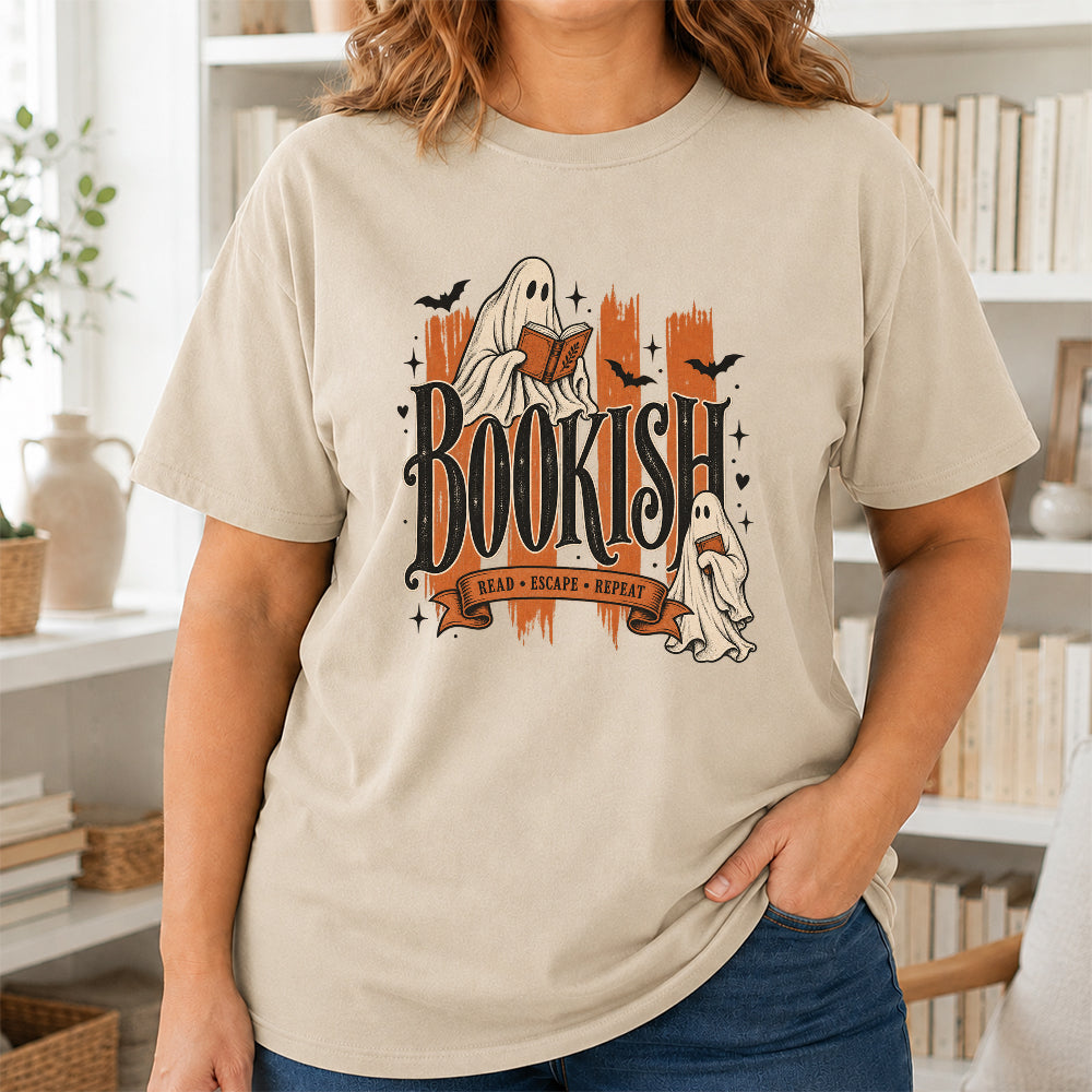 Bookish Read Escape Repeat Printed T-Shirt | Halloween Book Lover Gift Sand
