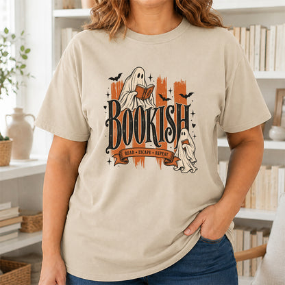 Bookish Read Escape Repeat Printed T-Shirt | Halloween Book Lover Gift Sand