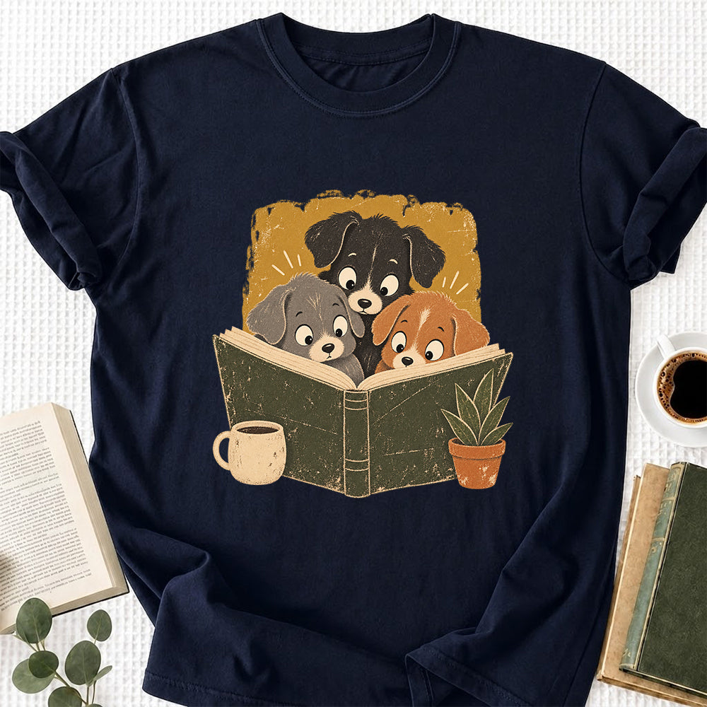 Minimal Japanese Dogs Reading Softstyle T-Shirt | Book Lover Gift Navy