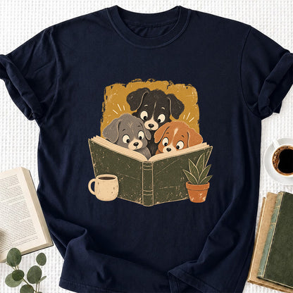 Minimal Japanese Dogs Reading Softstyle T-Shirt | Book Lover Gift Navy