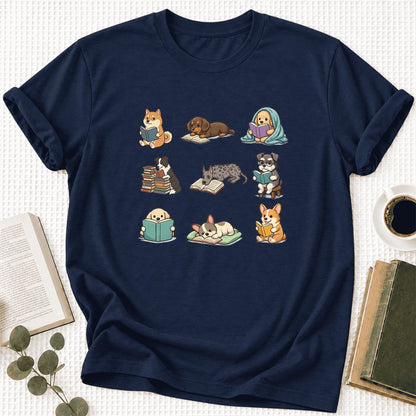 Funny Reading Dogs Ultra-Soft Cotton T-Shirt | Dog Mom Reader Gift Navy