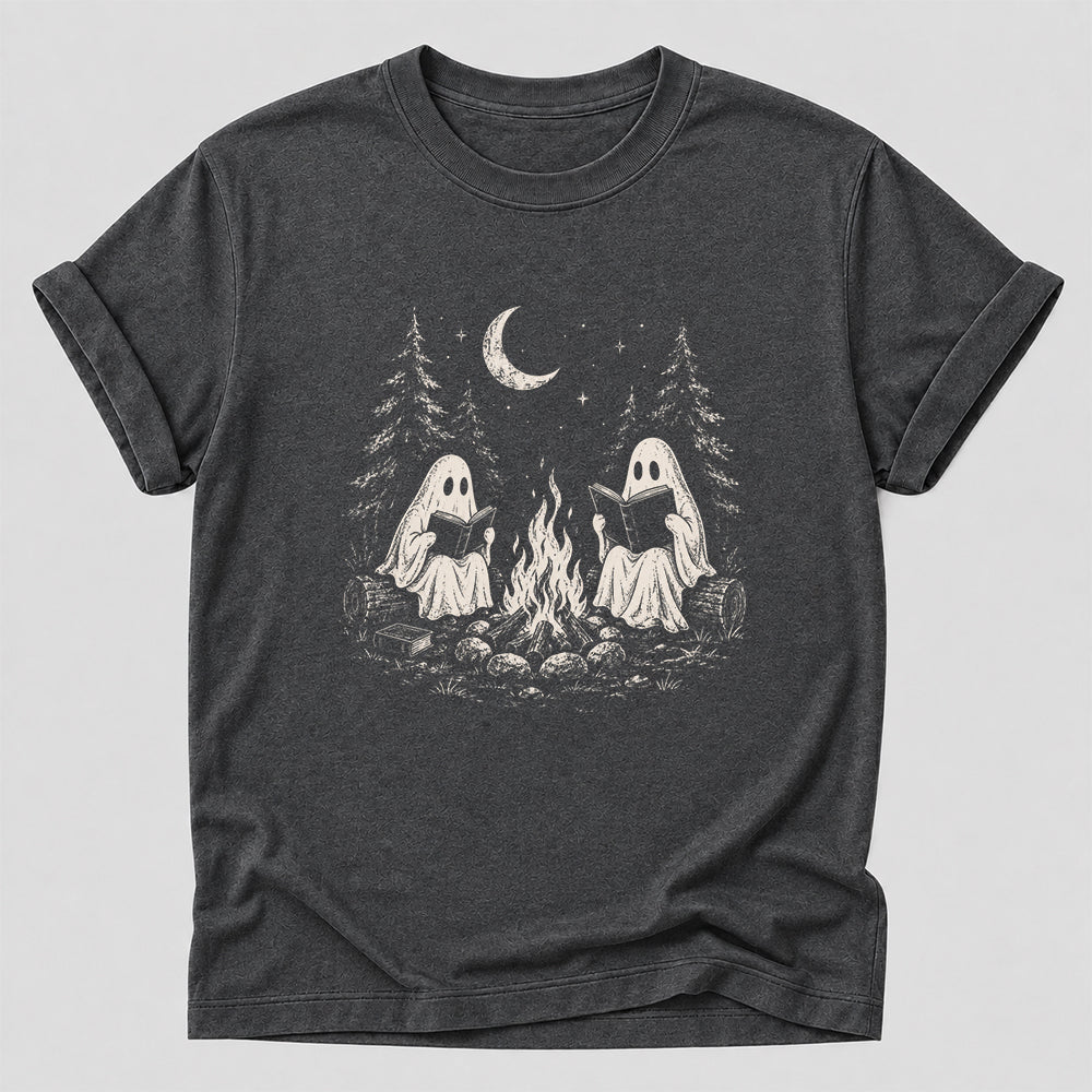 Camping Reading Ghosts Printed T-Shirt | Spooky Book Lover Gift Dark Heather