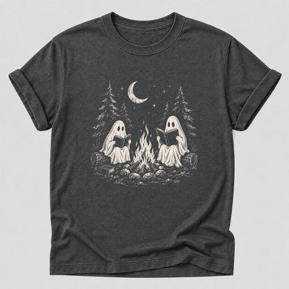 Camping Reading Ghosts Printed T-Shirt | Spooky Book Lover Gift Dark Heather
