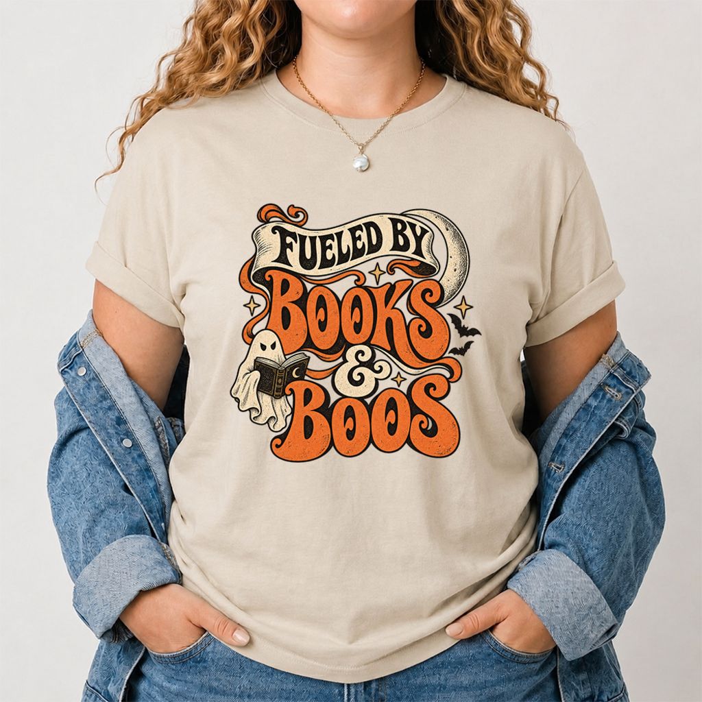 Fueled By Books & Boos Printed T-Shirt | Halloween Book Lover Gift Sand
