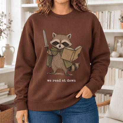 We Read At Dawn Funny Racoon Softstyle Sweatshirt | Cozy Book Lover Gift Cocoa