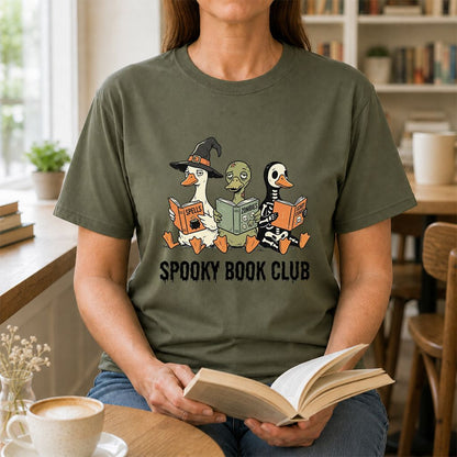 Spooky Book Club Printed T-Shirt | Halloween Book Lover Gift Military Green