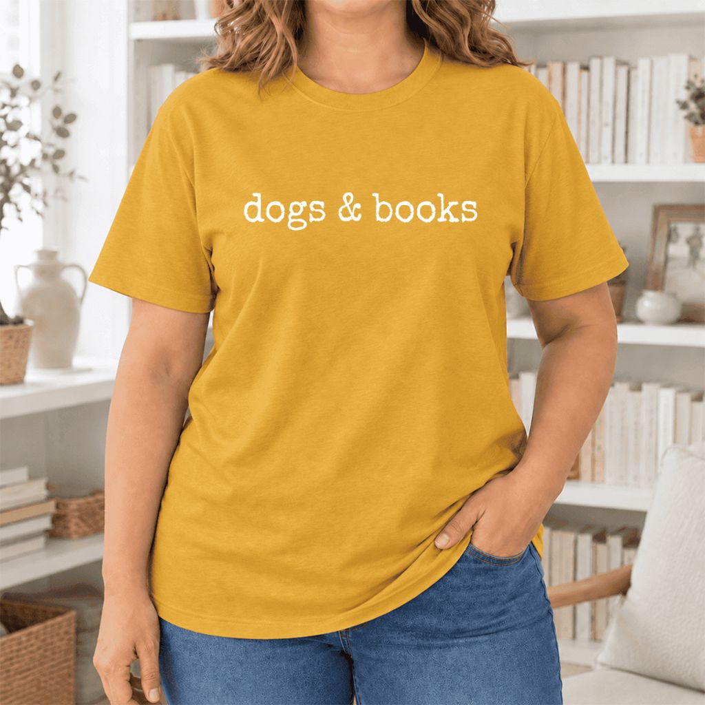 Dogs & Books Ultra-Soft Cotton T-Shirt | Dog Lover & Reader Gift Mustard