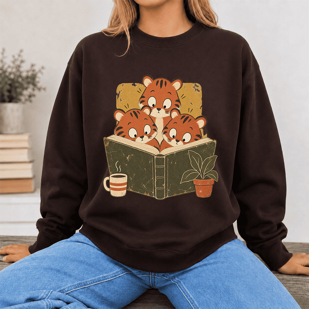 Minimal Japanese Tigers Reading Crewneck Sweatshirt | Reader Gift Dark Chocolate
