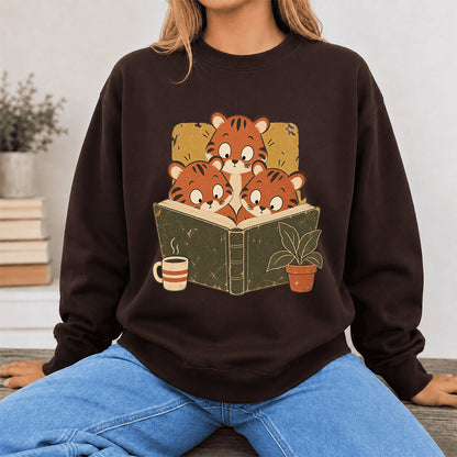Minimal Japanese Tigers Reading Crewneck Sweatshirt | Reader Gift Dark Chocolate