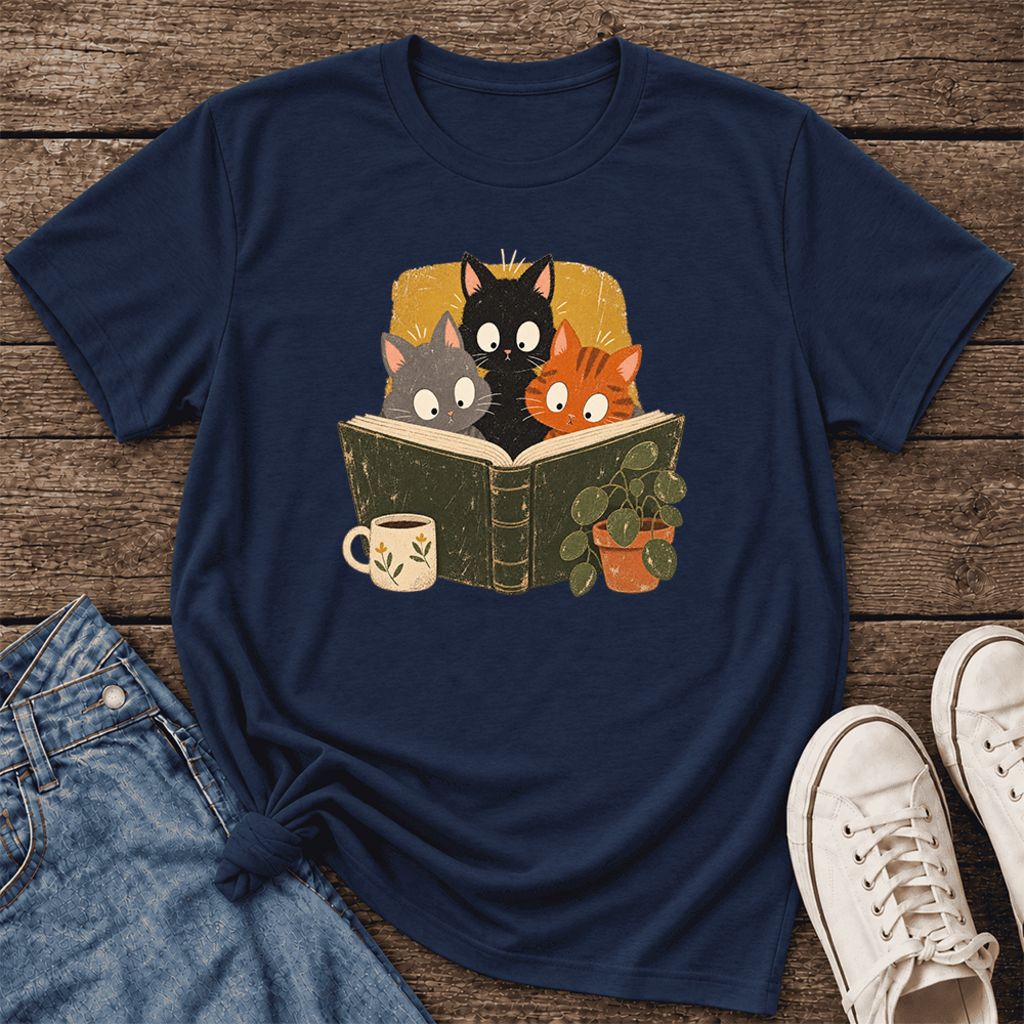 Curious Reading Cats Ultra-Soft Cotton T-Shirt | Cat Lover Reader Gift Navy