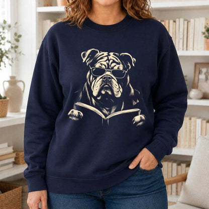 Bulldog Reading Book Crewneck Sweatshirt | Reader Gift Navy